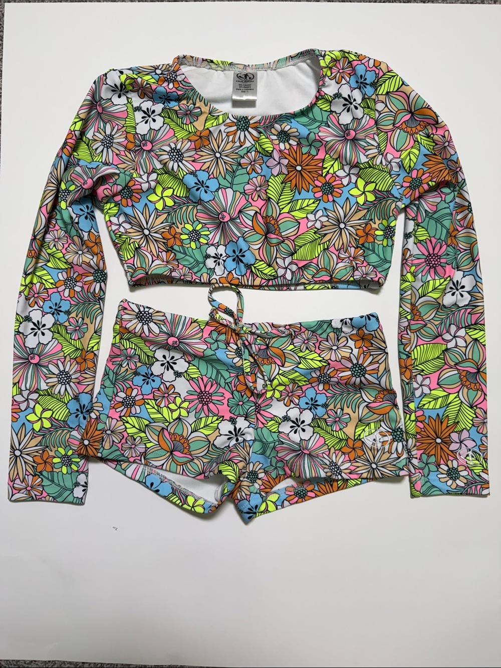 Hulakai Girls Neon Floral Rashguard and Swim Shorts Set Large